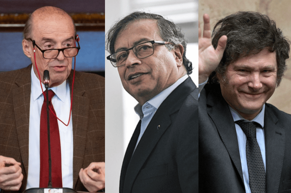 Álvaro Leyva, ministro de Relaciones Exteriores; Gustavo Petro, presidente de Colombia; Javier Milei, presidente electo de Argentina.