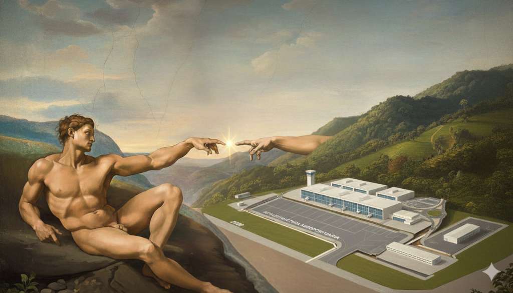 La mano del hombre se acerca a la "mano" del Aeropuerto del Café, que es un collage de la maqueta.