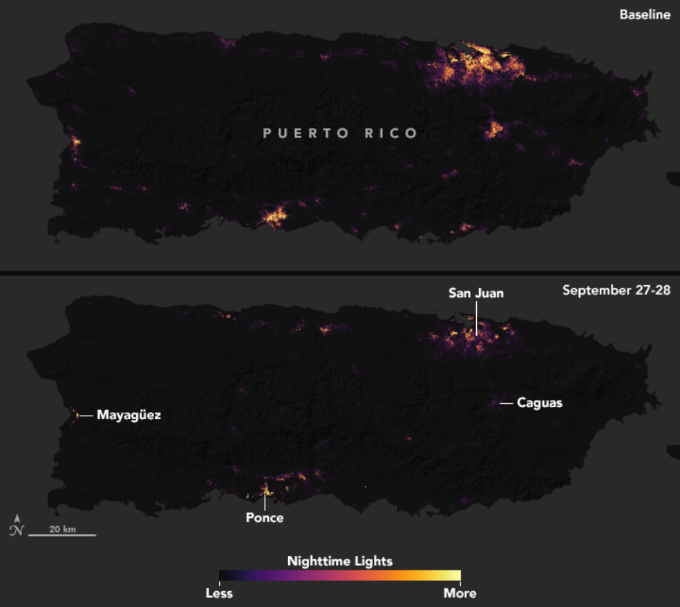 San Juan, Puerto Rico. La isla ha sufrido graves daños a su infraestructura eléctrica tras el paso del huracán María / Earth Observatory / NASA