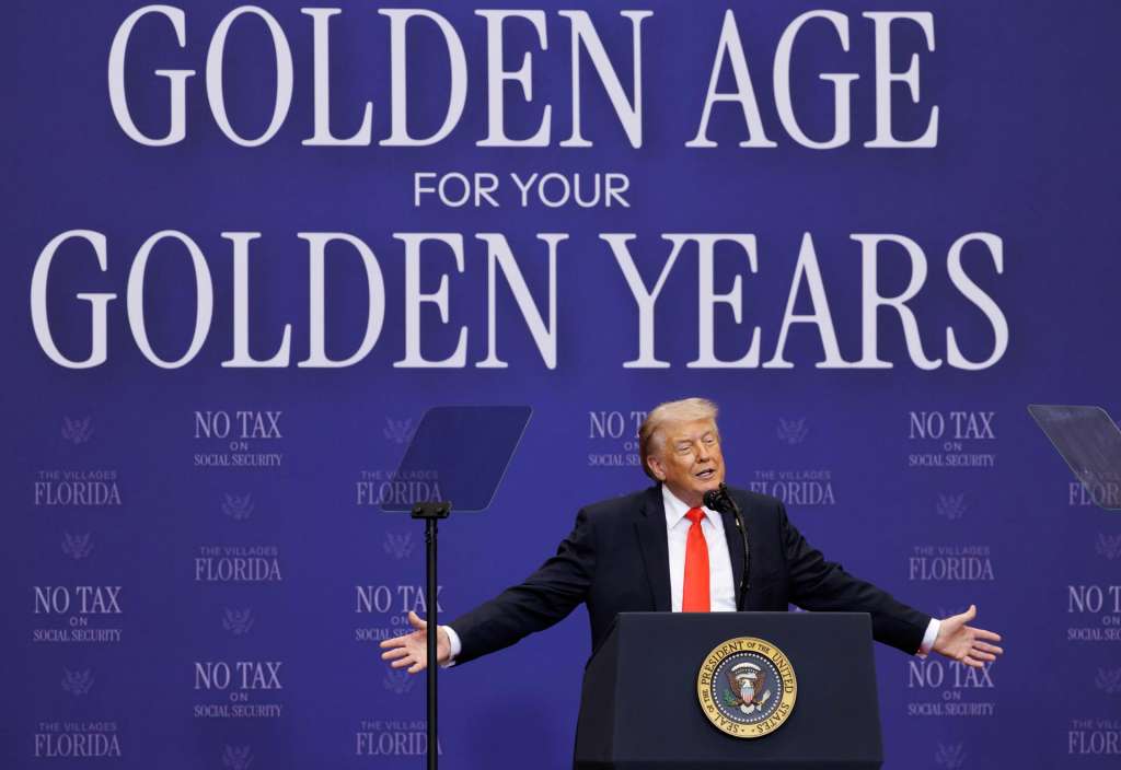 THE VILLAGES (United States), 02/05/2026.- US President Donald J. Trump delivers remarks during an event with seniors in The Villages, Florida, USA, 01 May 2026. Trump outlined tax proposals for retirees, including a senior deduction aimed at reducing taxes on Social Security benefits and other retirement-related measures. EFE/EPA/CRISTOBAL HERRERA-ULASHKEVICH