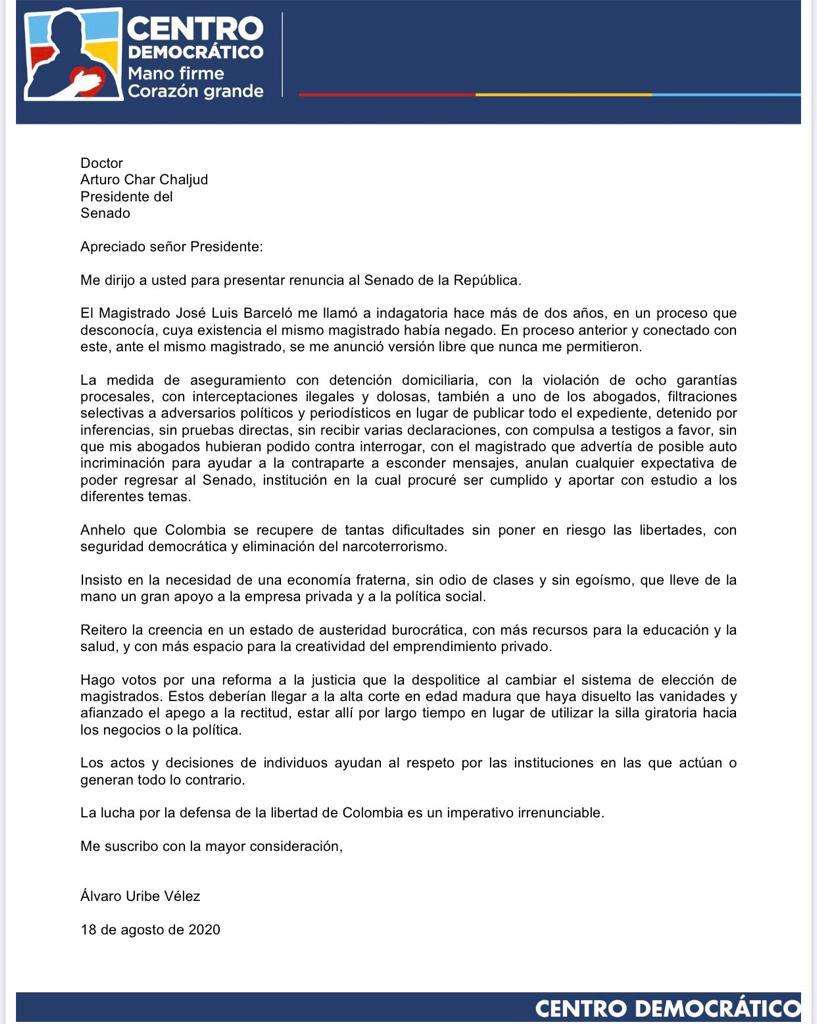 Carta renuncia Álvaro Uribe