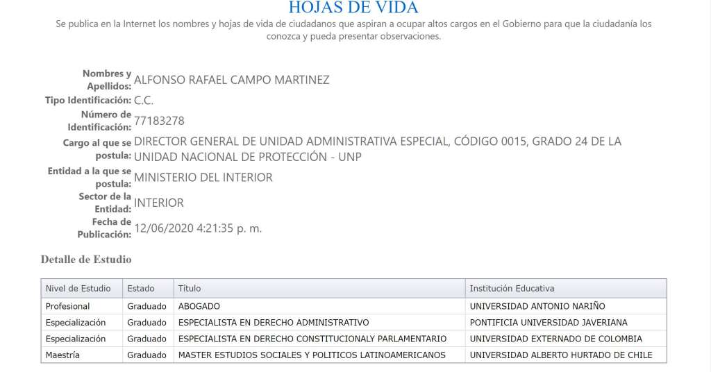 Así aparece la hoja de vida de Campo en el portal de Presidencia.
