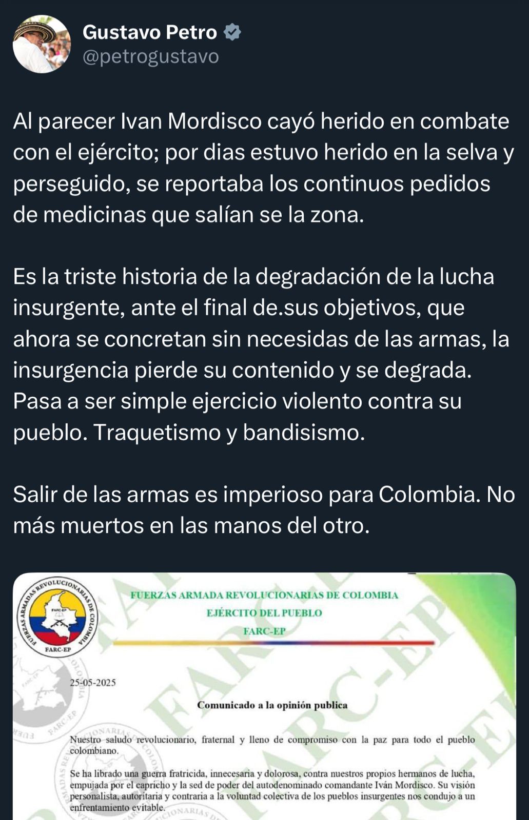 El presidente publicó en su cuenta de X (antes Twitter) su reacción a la supuesta muerte de Iván Mordisco. Minutos después la eliminó.