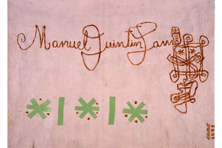 La obra "Homenaje a Manuel Quintín Lame" es una una copia de la firma del líder indígena en achiote. La pieza representa la escritura occidental y la grafía indígena.