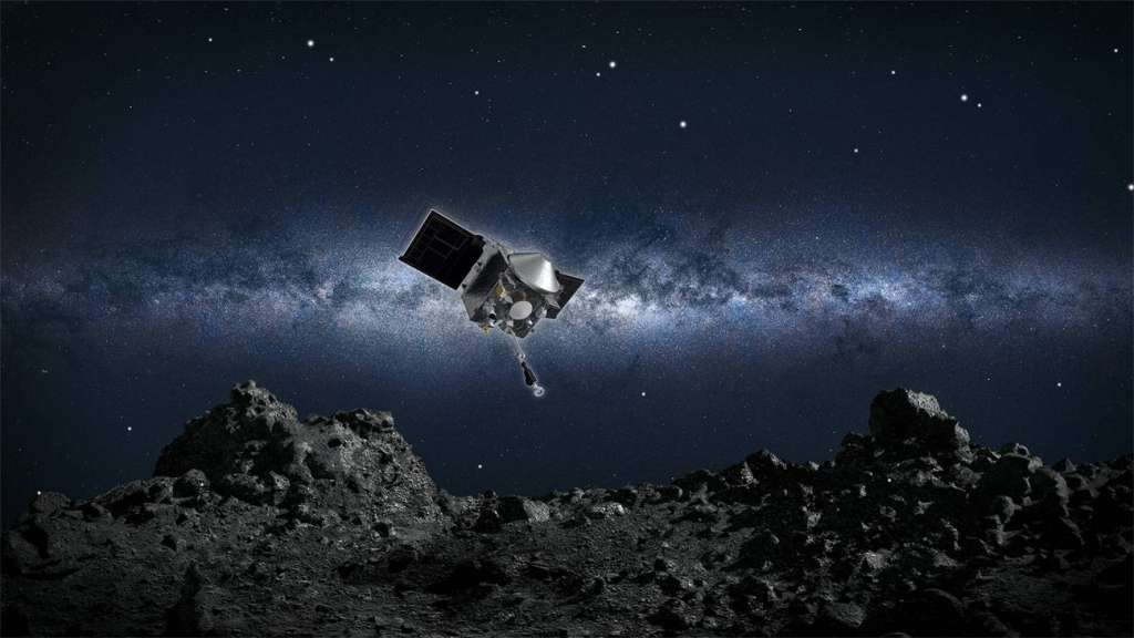 Ilustración de la nave OSIRIS-REx descendiendo al asteroide Bennu a tomar muestras. / NASA