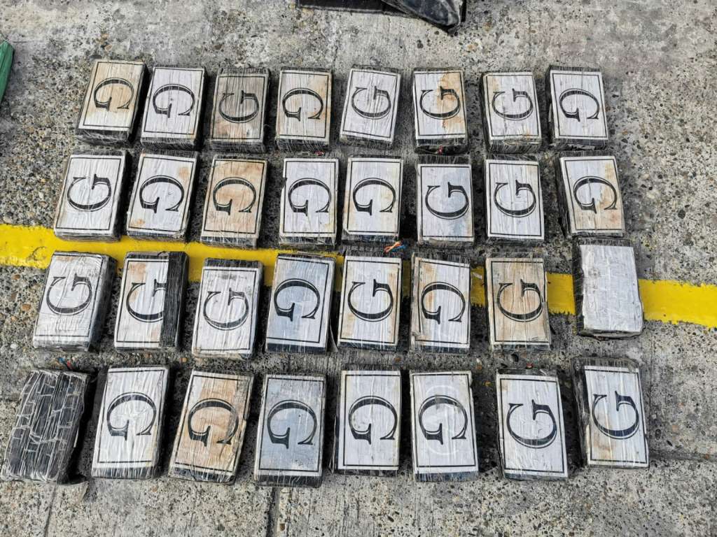 Treinta y dos paquetes rectangulares con cocaína en su interior. Casa uno tiene la letra G impresa.