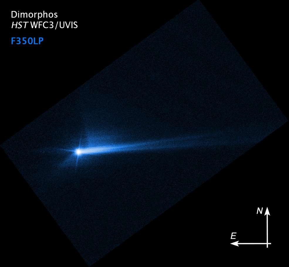Esta imagen del Telescopio Espacial Hubble de la NASA del 8 de octubre de 2022 muestra los escombros expulsados de la superficie de Dimorphos, luego de que el asteroide fuera impactado. /NASA/ESA/STScI/Hubble