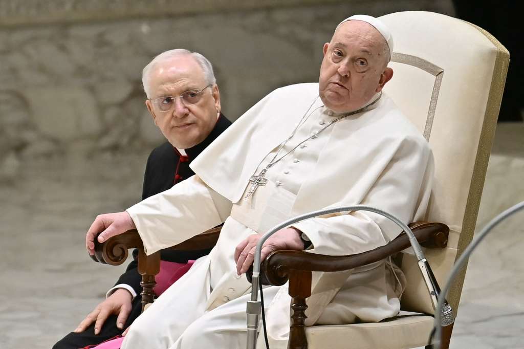 Pope Francis attends the weekly general audience on February 12, 2025 at Paul-VI hall in The Vatican. (Photo by Filippo MONTEFORTE / AFP)