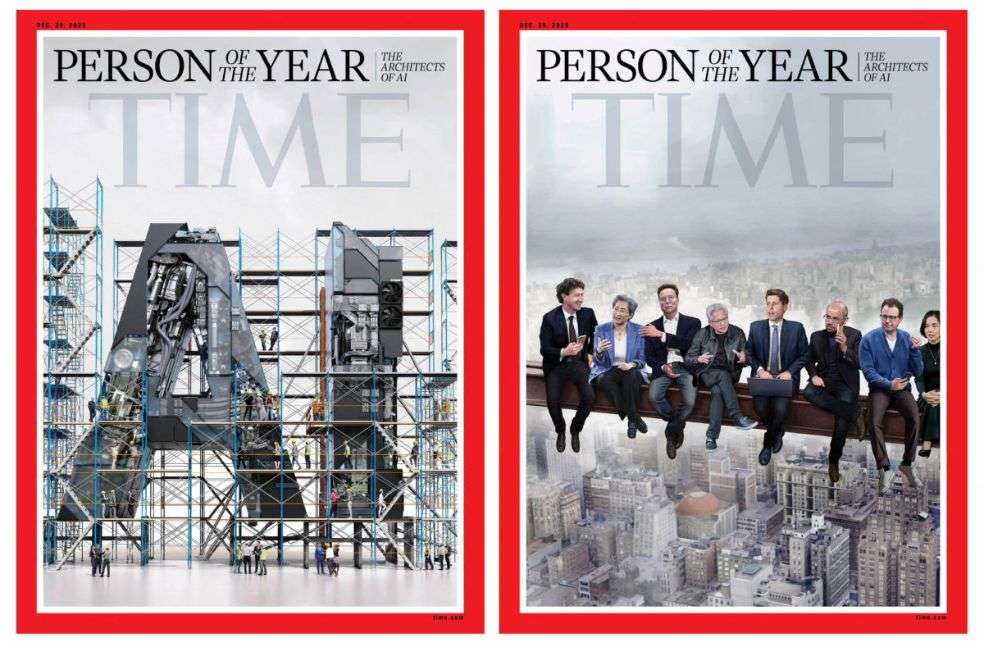 Las dos portadas de la edición Persona del Año 2025 de la revista Time con una ilustración de Peter Crowther (izquierda) que representa a Jensen Huang, presidente y director ejecutivo de Nvidia; Elon Musk, xAI; Dario Amodei, director ejecutivo de Anthropic; Lisa Su, directora ejecutiva de AMD; Mark Zuckerberg, director ejecutivo de Meta; Demis Hassabis, director ejecutivo de DeepMind Technologies; Fei-Fei Li, codirectora del Instituto de IA Centrada en el Ser Humano de la Universidad de Stanford y directora ejecutiva de World Labs; y Sam Altman, director ejecutivo de Open AI.