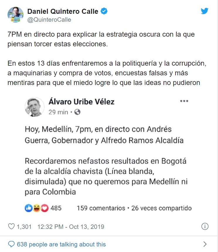 El fantasma de Uribe ha estado presente a lo largo de la contienda, en lo que casi pareciera ser un referendo sobre el uribismo en Medellín. Ramos, por su lado, le redobla su respaldo al líder del Centro Democrático. Este es el trino más efectivo de la campaña Ramos: