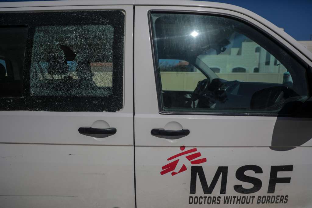 Khan Younis (---), 21/02/2024.- A damaged MSF (Doctors Without Borders) vehicle in the west of Khan Younis, southern Gaza Strip, 21 February 2024. More than 29,000 Palestinians and at least 1,300 Israelis have been killed, according to the Palestinian Health Ministry and the Israel Defense Forces (IDF), since Hamas militants launched an attack against Israel from the Gaza Strip on 07 October, and the Israeli operations in Gaza and the West Bank which followed it. Since 07 October, up to 1.9 million people, or more than 85 percent of the population, have been displaced throughout the Gaza Strip, some more than once, according to the United Nations Relief and Works Agency for Palestine Refugees in the Near East (UNRWA), which added that most civilians in Gaza are in 'desperate need of humanitarian assistance and protection. EFE/EPA/MOHAMMED SABER