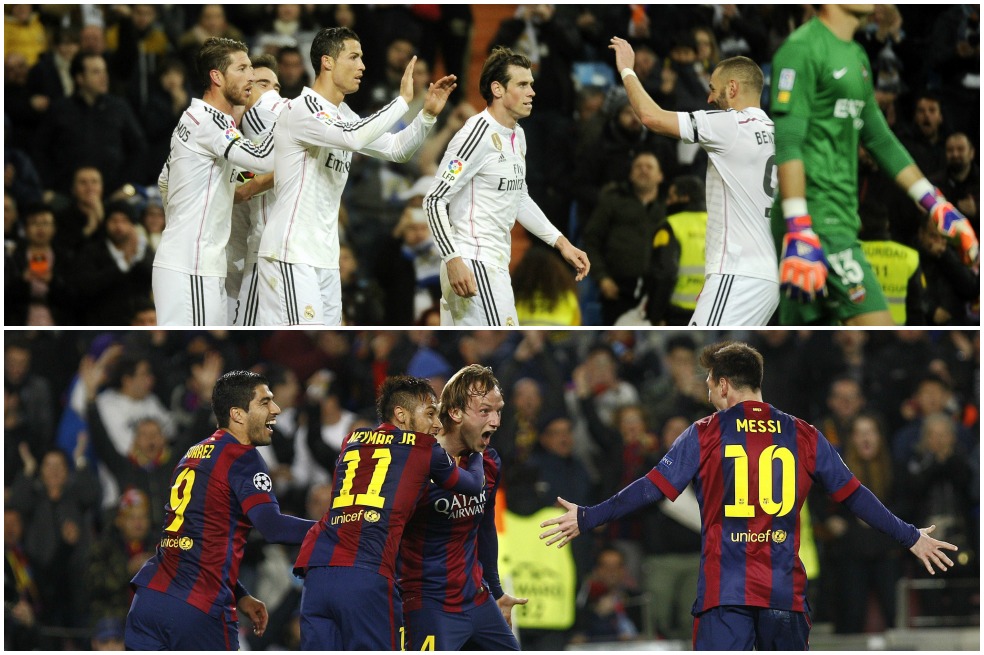 El trío goleador del Real Madrid: Cristiano Ronaldo, Gareth Bale y Karim Benzema. Los suramericanos goleadores del Barcelona: Luis Suárez, Neymar y Messi, junto a Iván Rakitic. / AFP