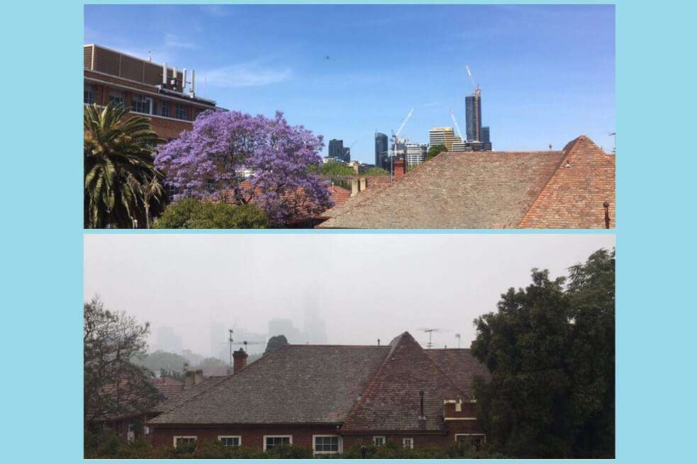 Arriba: Vista desde nuestra ventana el 19 de diciembre de 2019. Abajo: Vista desde nuestra ventana el 6 de enero de 2020. Lo que parece neblina es humo. / Vanessa Molina