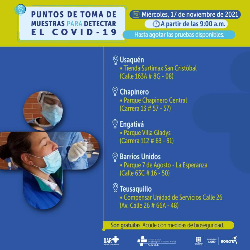 ¿Dónde hay pruebas gratuitas para COVID-19 este miércoles en Bogotá?