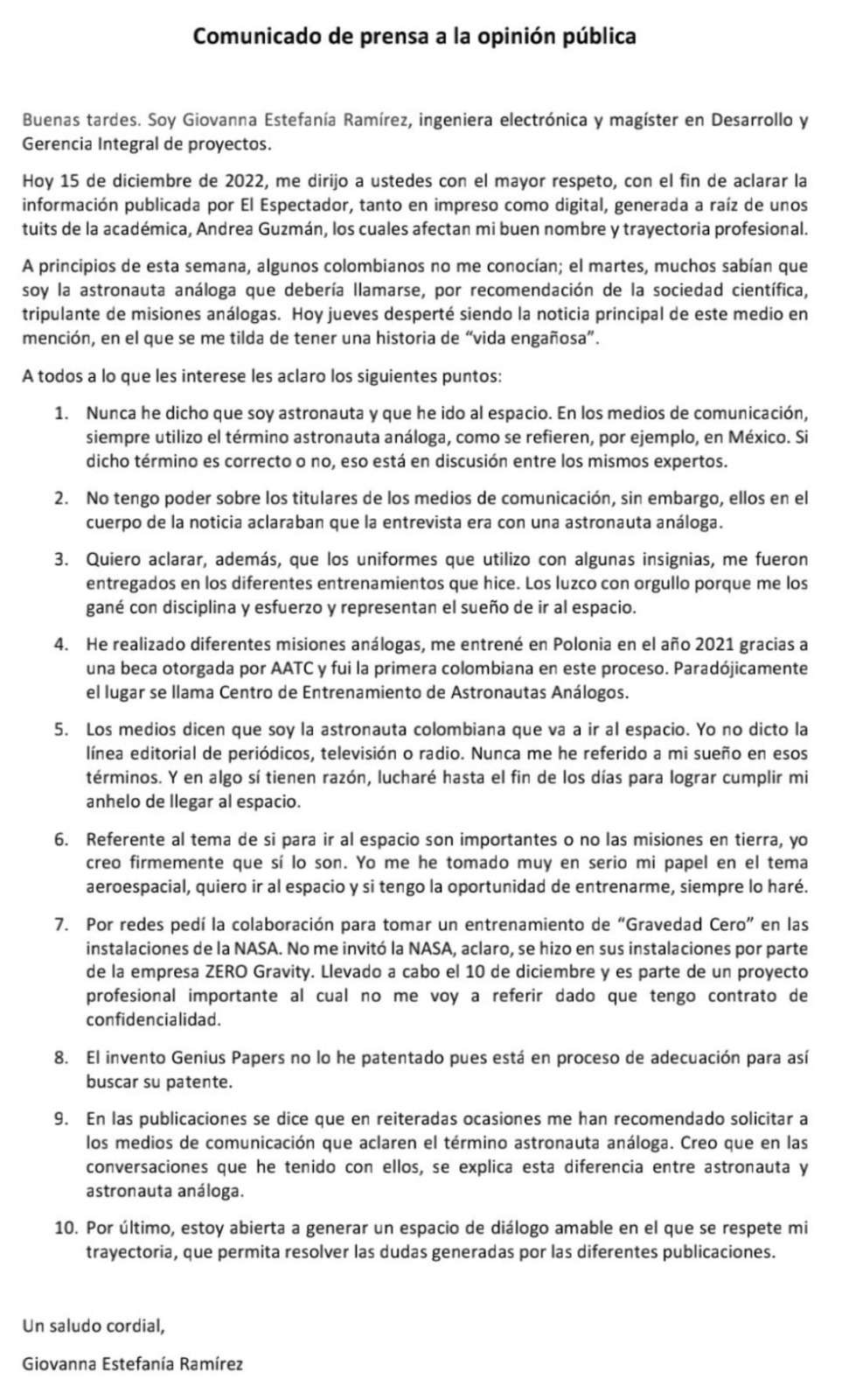 Comunicado de prensa Giovanna Ramírez