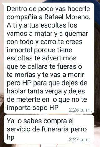Mensaje amenazante recibido por el periodista Walter Álvarez el 6 de septiembre de 2023.