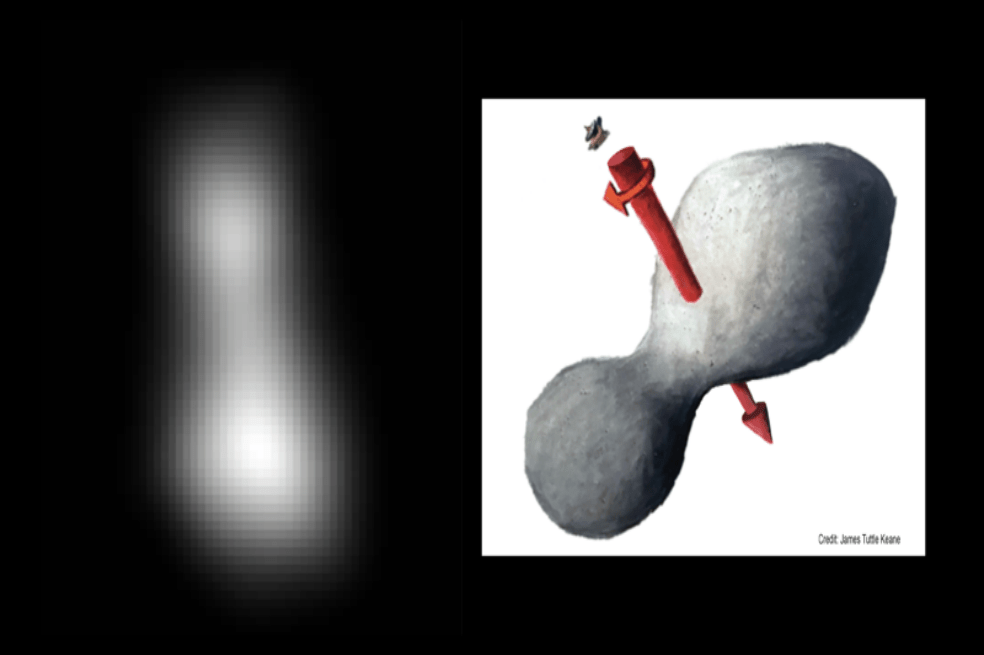 La forma de maní del MU69 se revela en las últimas imágenes de la misión New Horizons de la NASA. / NASA / JHUAPL / SwRI; Bosquejo cortesía de James Tuttle Keane