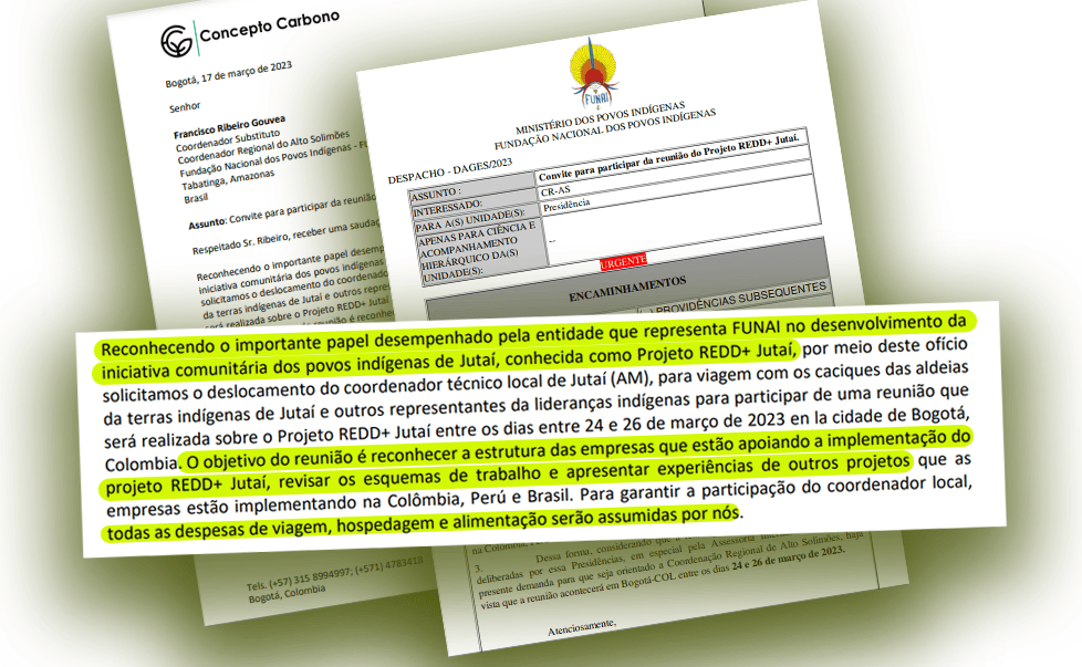 La presidencia de FUNAI fue informada del viaje de los indígenas a Bogotá en una carta en la que se "reconoce el importante papel" del organismo indígena en la elaboración del proyecto. La FUNAI dice no tener conocimiento de los precontratos. Reproducción/Funai