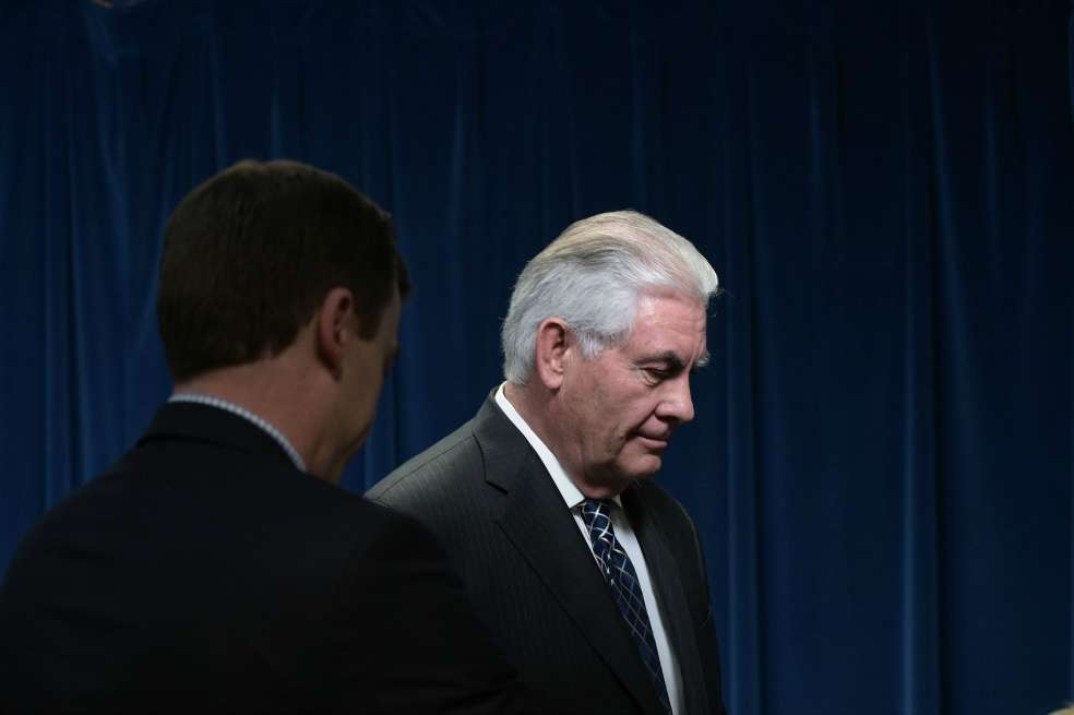 El secretario de Estado de EE. UU., Rex Tillerson, durante la presentación del nuevo veto en Washington. / AFP