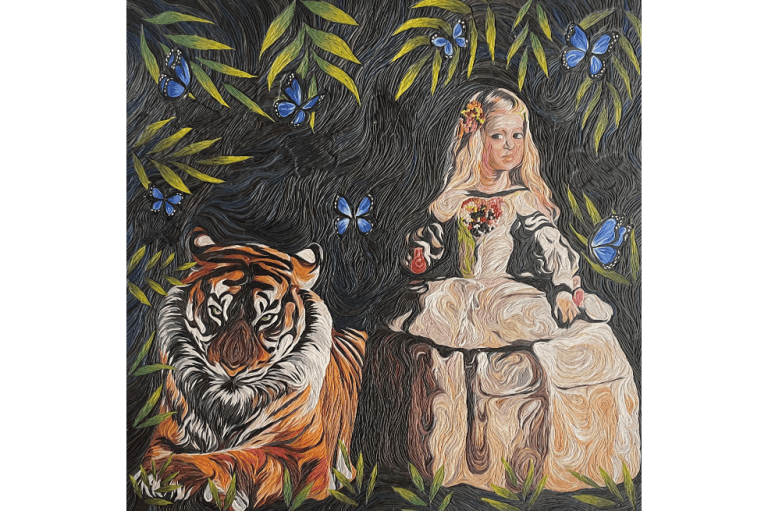 La Menina y el Tigre, 2021. Plastilina sobre madera. La niña está inspirada en las obras del español Diego Velázquez.