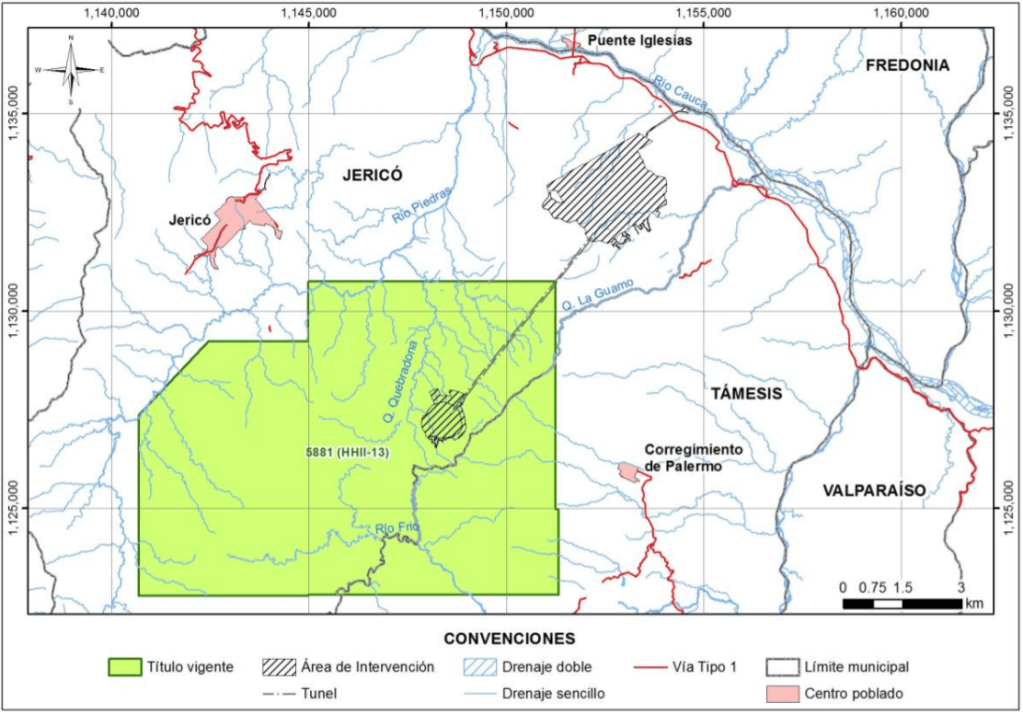 En verde, la zona adquirida para el proyecto Quebradona. Dentro de tal recuadro, en líneas diagonales, el área de intervención para la extracción de cobre