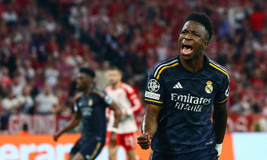 Munich (Germany), 30/04/2024.- Real Madrid's Vinicius Junior celebrates after scoring a goal during the UEFA Champions League semi final, 1st leg match between Bayern Munich and Real Madrid in Munich, Germany, 30 April 2024. (Liga de Campeones, Alemania) EFE/EPA/FILIP SINGER