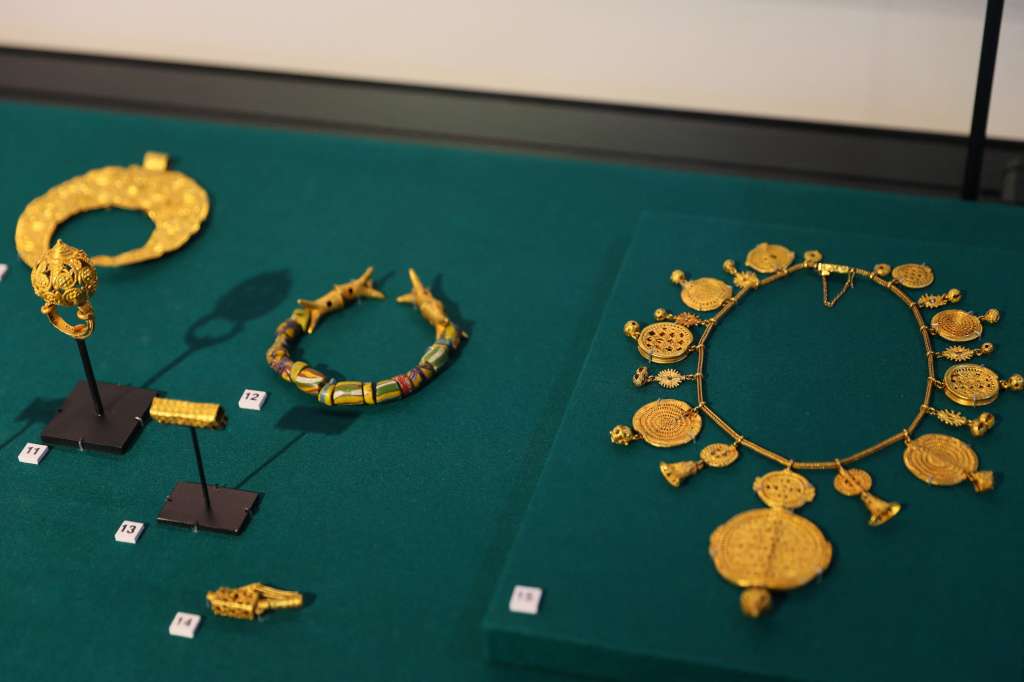 A general view of artefacts returned by the British Museum and the Victoria and Albert Museum (V&A) on a three-year loan at the Manhyia Palace Museum in Kumasi, Ghana, on May 1, 2024. (Photo by Nipah Dennis / AFP)