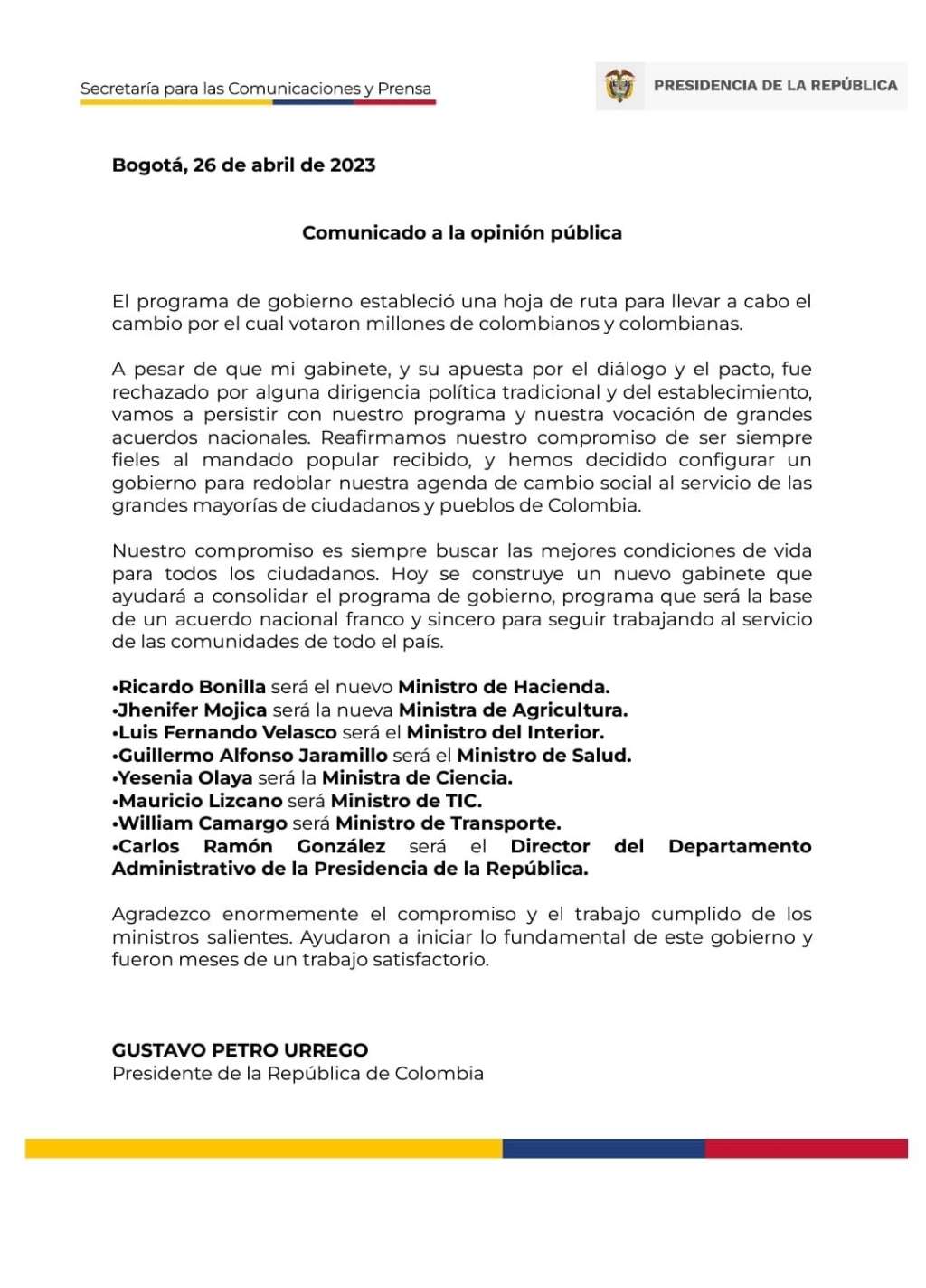 Comunicado Casa de Nariño