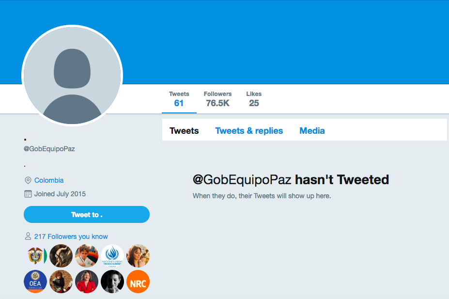 Facsímil de la cuenta @GobEquipoPazCaptura de pantallaLa directora de Karisma, Carolina Botero, calificó esta situación como la “pérdida de un archivo histórico” que, además, “obstaculiza el acceso a información pública”. Por su parte, Pedro Vaca, director de la Flip, dijo a Cuestión Pública que “se está desatendiendo los mandatos de una ley estatutaria (Ley de transparencia y acceso a la información pública), lo que implicaría que, eventualmente, un órgano de control, como la Procuraduría, podría entrar a ver si allí hay una restricción de acceso a la información pública”.