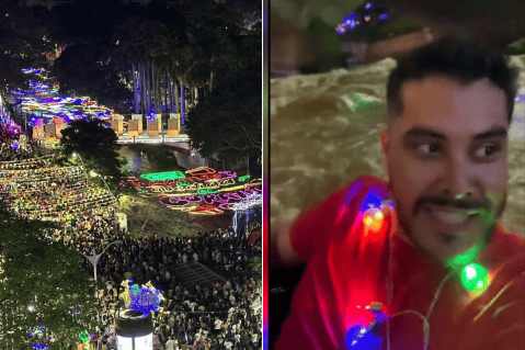 Video: dos jóvenes se tiraron en flotadores al río Cali para ver los alumbrados