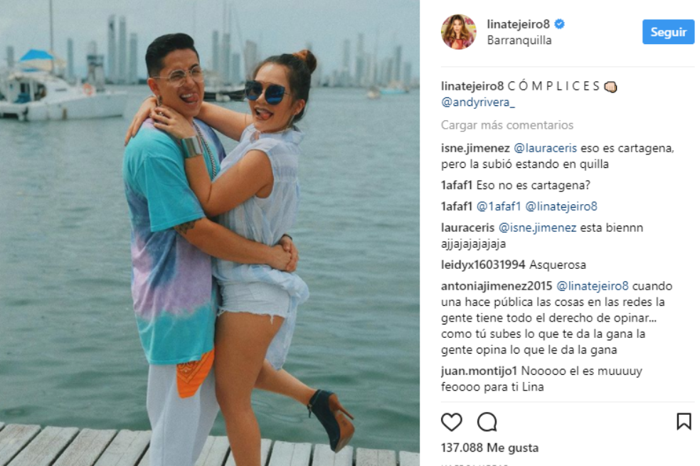 Andy Rivera y Lina Tejeiro.  / Captura de pantalla del Instagram de Lina Tejeiro. 