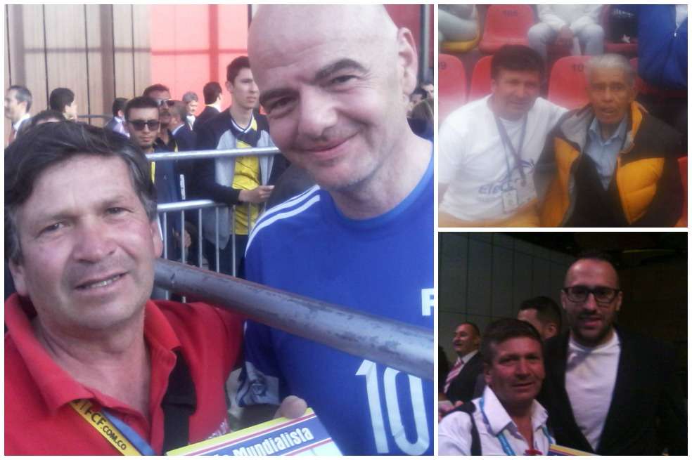 Junto a Gianni Infantino, presidente de la Fifa; Guillermo "Chato Velásquez" y el arquero de la selección Colombia, David Ospina.