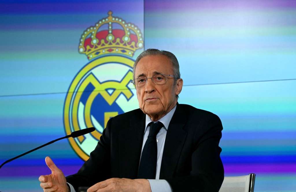 Real Madrid President Florentino Perez talks to media at Real Madrid Sports City in Valdebebas, in the outskirts of Madrid, on May 12, 2026.
