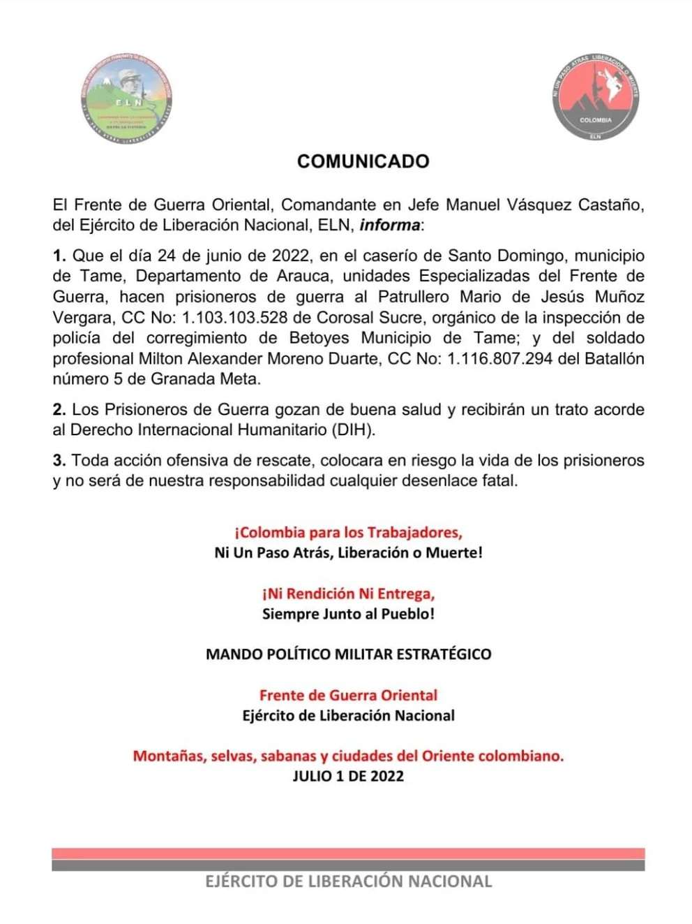 Este es el comunicado emitido por el ELN.