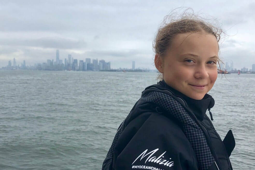 La activista de 16 años al llegar a Nueva York tras dos semanas de viajar en vela por el Atlántico para concientizar sobre el cambio climático. / Twitter Greta Thunberg