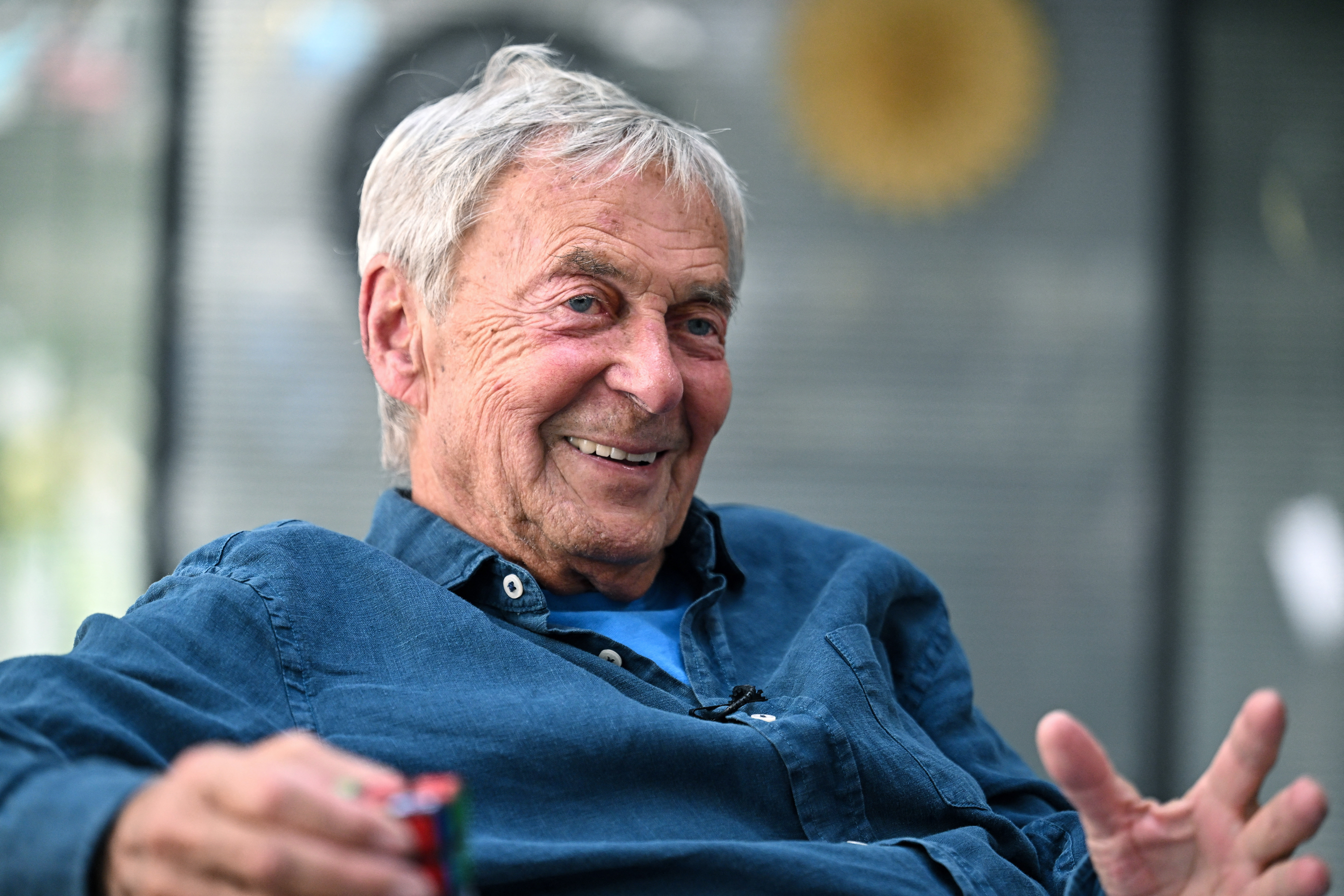 Hungarian inventor Erno Rubik gestures as he speaks during an interview with AFP in Budapest on April 29, 2024.