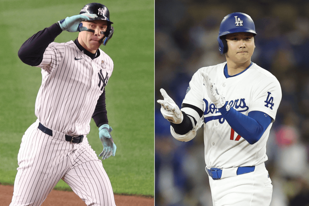 El capitán de los Yanquis, Aaron Judge (izq.), y el bateador designado de los Dodgers, Shohei Ohtani, fueron los Jugadores Más Valiosos de la temporada.