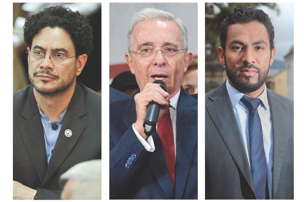 Los senadores Iván Cepeda y Álvaro Uribe, y el director del CSPP, Franklin Castañeda. / Cristian Garavito - El Espectador / AFP