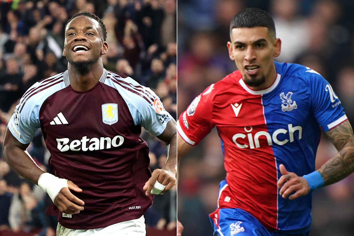 Jhon Jader Durán (der.) del Aston Villa se enfrentará contra el Crystal Palace de Daniel Muñoz.