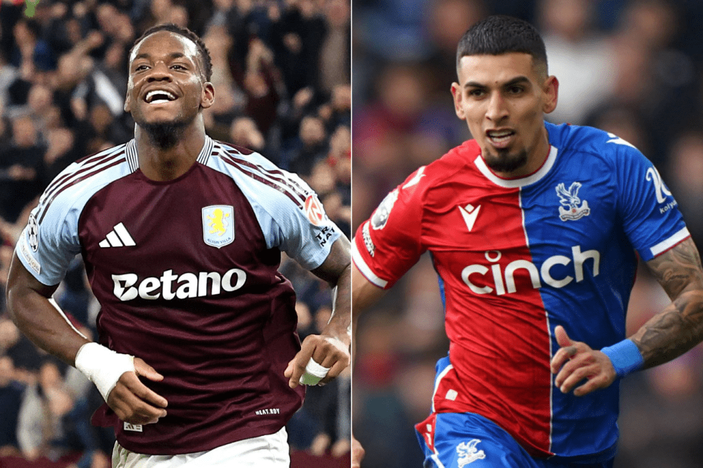 Jhon Jader Durán (der.) del Aston Villa se enfrentará contra el Crystal Palace de Daniel Muñoz.