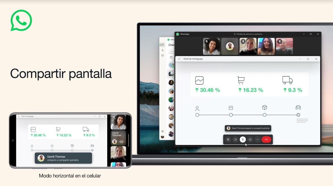 Interfaz de Whatsapp al compartir pantalla durante una videollamada.