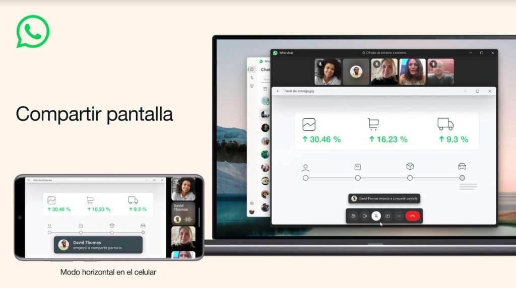 Interfaz de Whatsapp al compartir pantalla durante una videollamada.