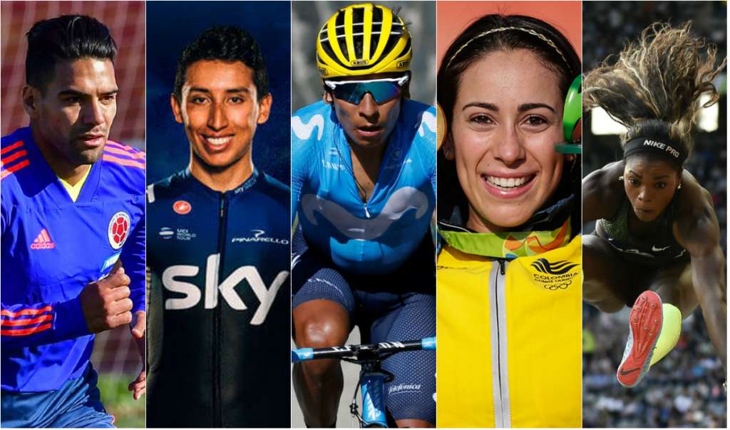 De izq. a der., Radamel Falcao García, Egan Bernal, Nairo Quintana, Mariana Pajón y Caterine Ibargüen. / AFP, EFE y SKY