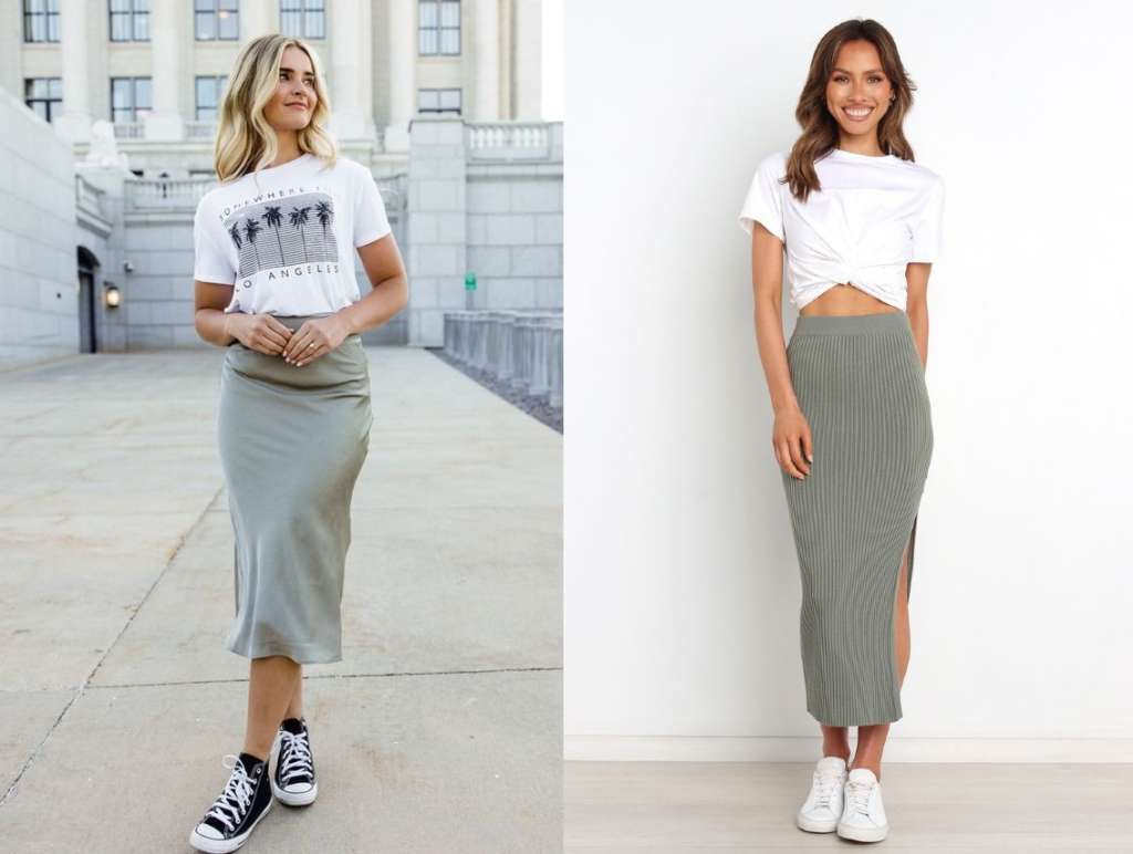 Combina una falda midi gris con una camiseta de punto. Añade una bomber ligera y unas zapatillas blancas.