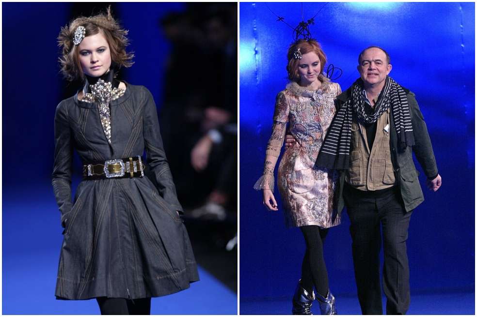 Christian Lacroix y dos modelos durante la presentación de su colección prêt-à-porter Primavera/Verano 2007-2008 en París, el miércoles 28 de febrero de 2007. / Judith White/Bloomberg News