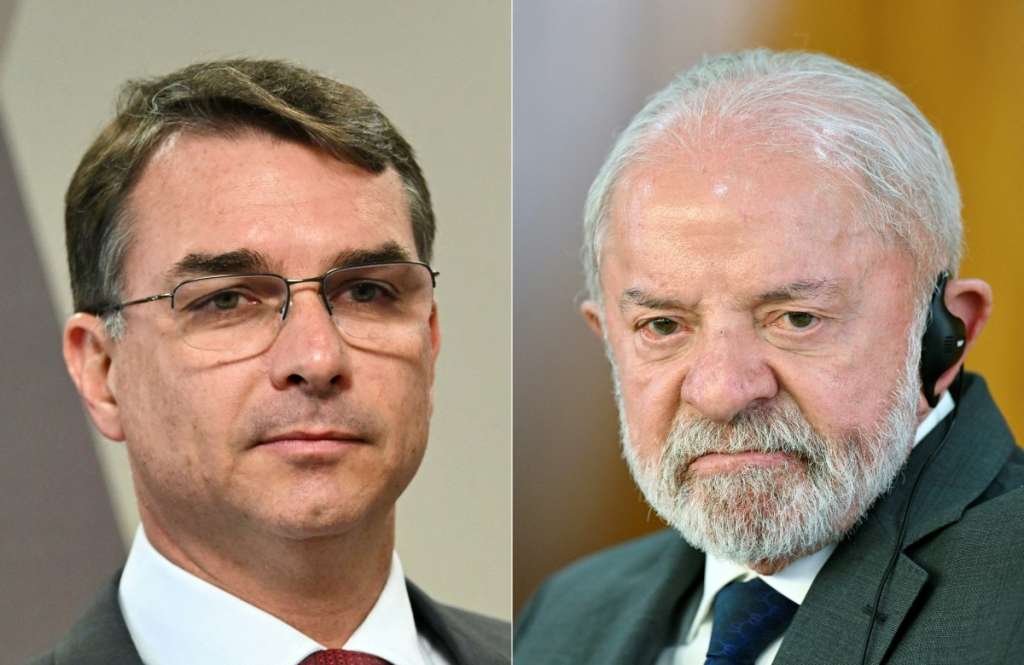 (COMBO) This combination of pictures created on March 10, 2026 shows Brazil's Senator Flavio Bolsonaro, son of former President Jair Bolsonaro, in Brasilia, on December 17, 2025, and Brazil's President Luiz Inacio Lula da Silva in Brasilia, on March 9, 2026.