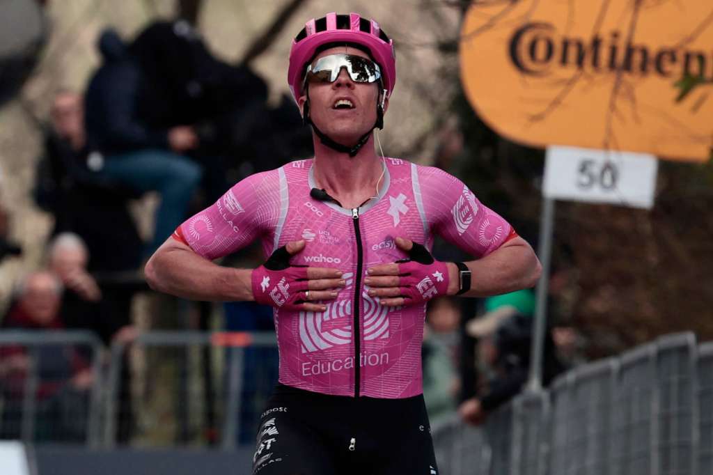 Mombaroccio (Italy), 13/03/2026.- Danish rider Michael Valgren of the EF Education - EasyPost team wins the fifth stage of the Tirreno-Adriatico, a 186 km route from Marotta-Mondolfo to Mombaroccio, Italy, 13 March 2026. (Ciclismo, Italia) EFE/EPA/ROBERTO BETTINI