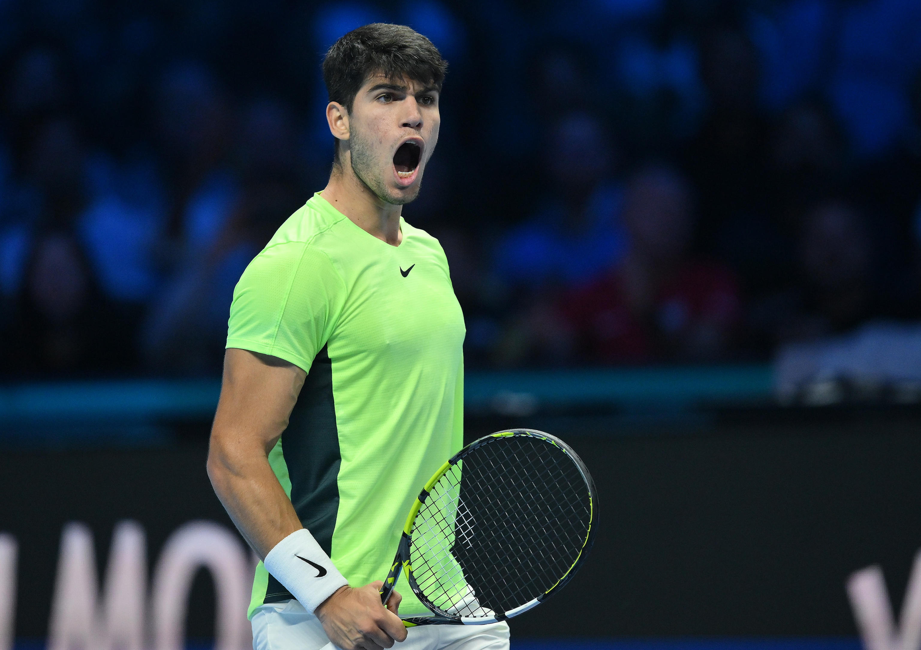 Turin (Italy), 17/11/2023.- Carlos Alcaraz of Spain celebrates a point during the match against Daniil Medvedev of Russia at the Nitto ATP Finals tennis tournament in Turin, Italy, 17 November 2023. (Tenis, Italia, Rusia, España) EFE/EPA/Alessandro Di Marco