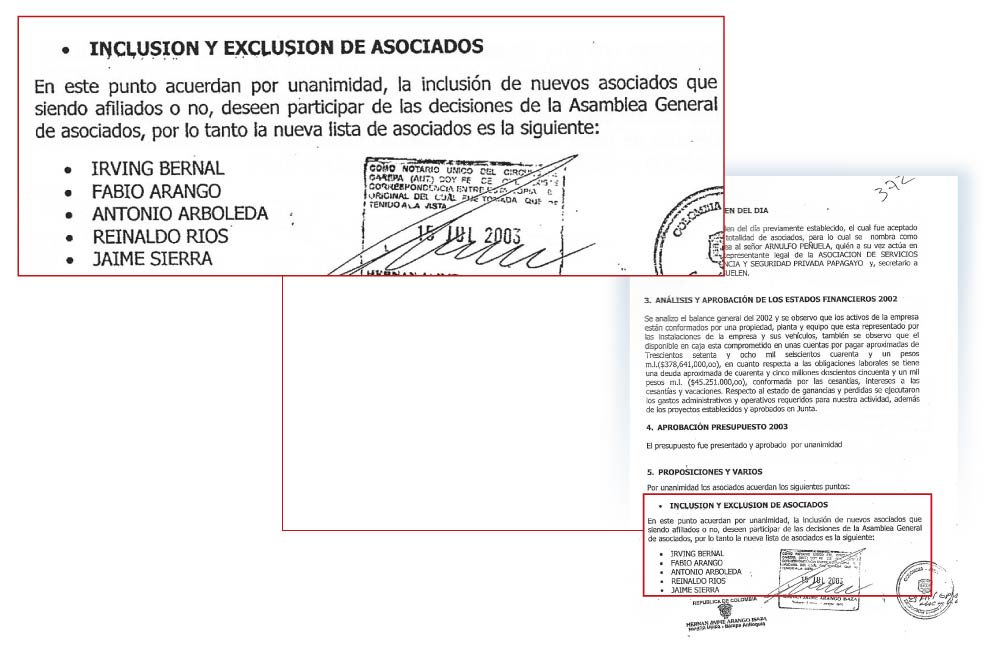 Fabio Arango y Jaime Sierra fueron nombrados en la junta directiva de la Asociación de Servicios Especiales de Vigilancia y Seguridad Privada de Urabá el 9 de marzo de 2003.