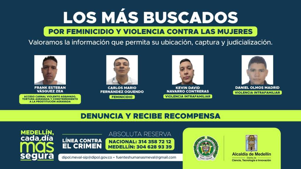 Cuatro hombres son requeridos por la justicia por delitos relacionados con feminicidio, abusos sexuales y violencia intrafamiliar en el Valle de Aburrá.